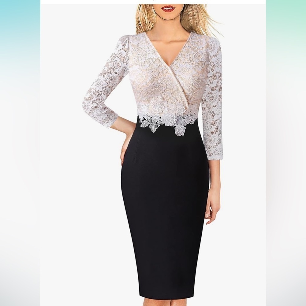 Womens Floral Lace Applique Waist V Neck 3/4 Sleeve Colorblock Bodycon Dress